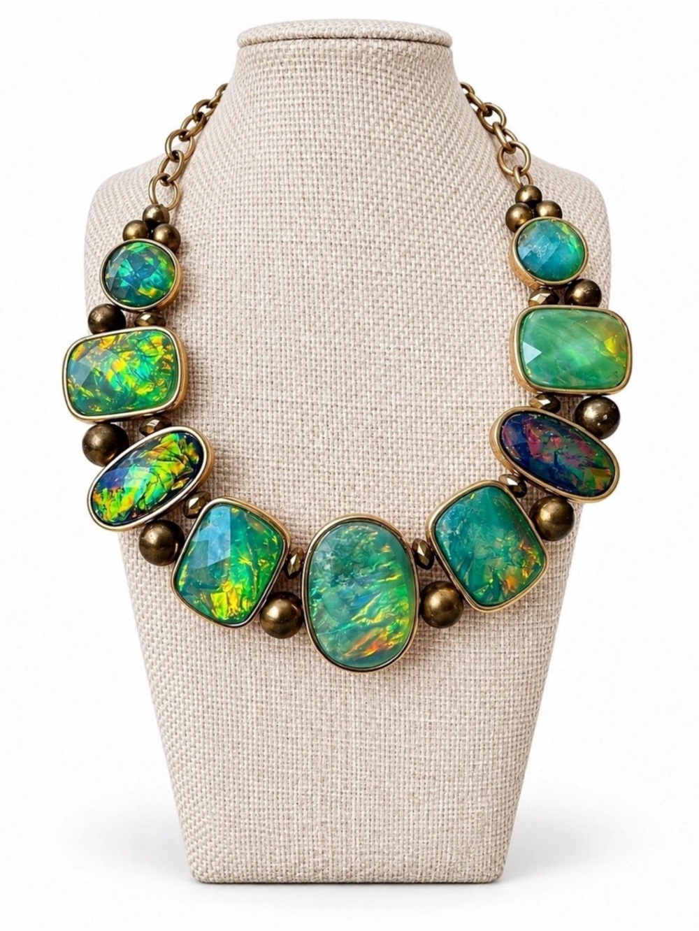 Iridescent Green Statement Necklace Chunky Bib Collar Boho Art Deco Gold Tone